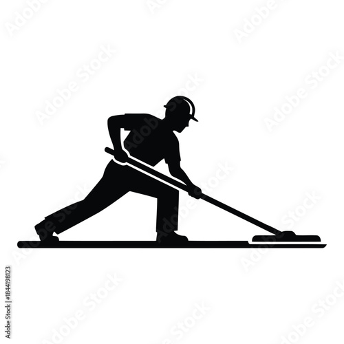 Man cleaning floor with broom isolated on white background, Vector