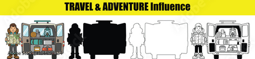 Cartoon people and camper van with travel gear and maps adventure camping