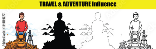 Man with backpack and tripod ready for travel and adventure vector illustration