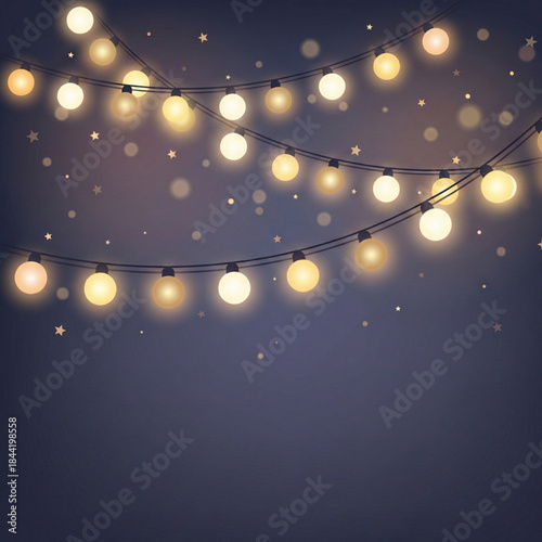 String lights with glowing bulbs on dark blue background with stars