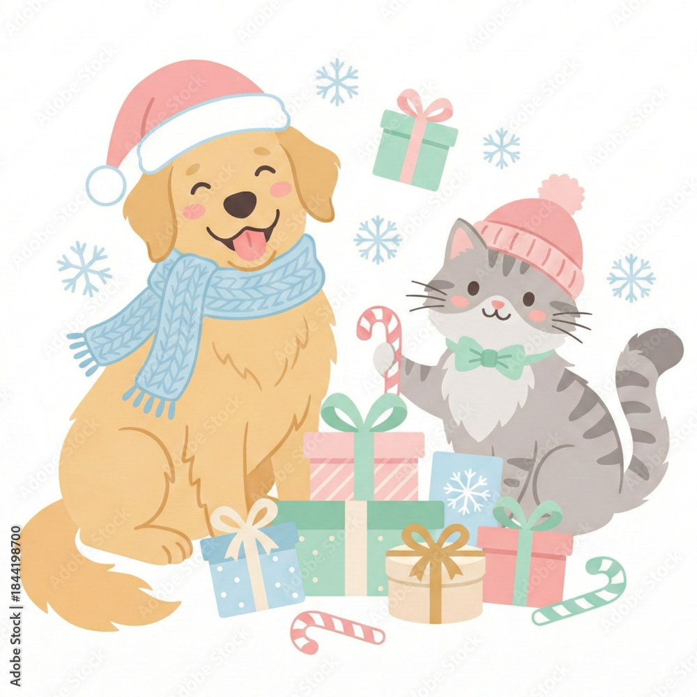 Naklejka premium Adorable Christmas pets, dog and cat with gifts and candy canes