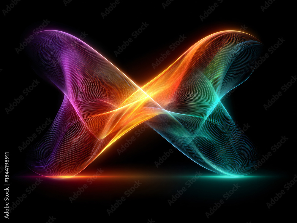 Obraz premium a vibrant, glowing, futuristic X symbol with a rainbow-like color gradient, set against a dark background. The symbol appears to be composed of interconnected, wave-like lines radiating outward.
