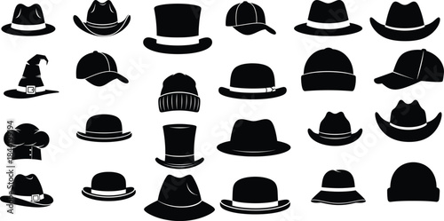 Collection of various top hats and bowler hats in black silhouette