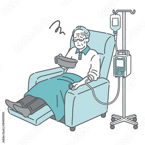 点滴中にガーグルベースを持って吐き気を感じる高齢男性（透析・化学療法・副作用）