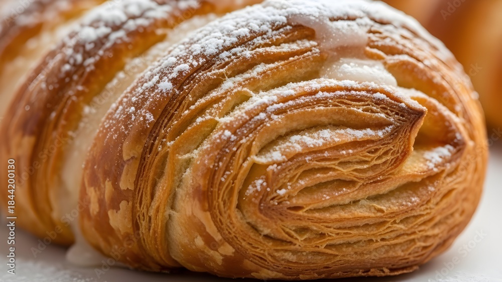 Fototapeta premium Deliciously golden, flaky croissant dusted with sweet powdered sugar, a perfect treat for breakfast or a coffee break