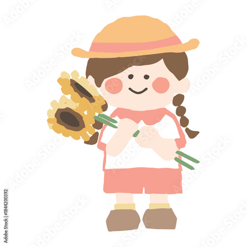 やさしいひまわり シンプルシリーズ｜ひまわりを抱える女の子 / Gentle Sunflower Simple Series – Girl Holding Sunflower