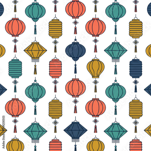 Colorful Chinese Lanterns Pattern with Tassels on White Background