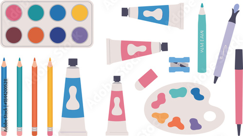 Art Supplies Collection With Paint Tubes Pencils And Palette vector illustration