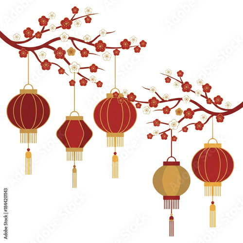 Chinese New Year Decorations with Red Lanterns and Cherry Blossoms on White Background