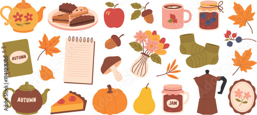 Autumn Season Objects Collection With Food And Drink Items vector illustration