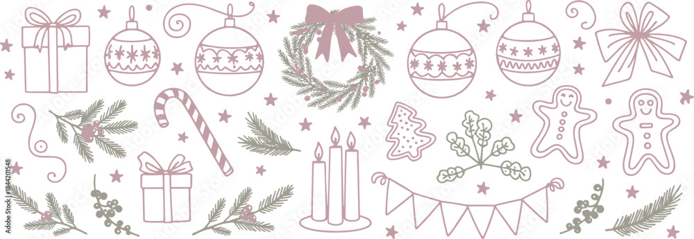 Fototapeta premium Christmas Holiday Elements Wreath Gifts Ornaments and Gingerbread winter festive