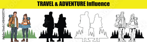 Couple Backpackers With Rolled Sleeping Bag And Blue Cloth Travel & Adventure travel