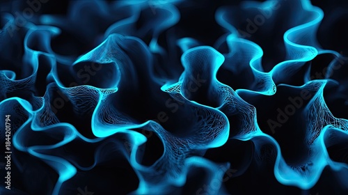 Glowing blue abstract fluid forms flow in darkness with intricate details.