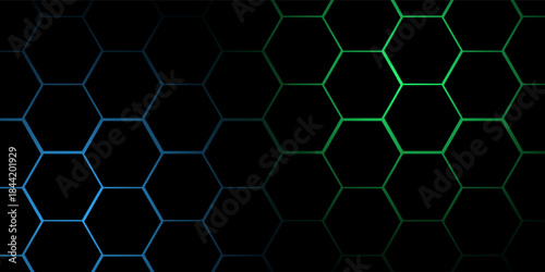 Hexagonal cyberspace green background. Hexagon grid tech pattern