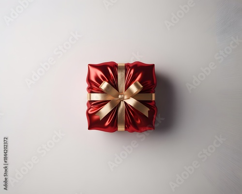 Red gift box with gold ribbon on white background, beautifully wrapped present
