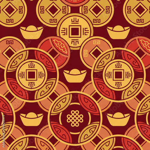 Chinese New Year Elements Pattern with Coins and Gold Ingots