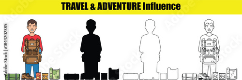 Man with backpack and camping gear laid out travel adventure