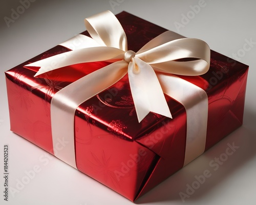 Red Gift Box with White Ribbon Bow on Top for Special Occasions and Celebrations