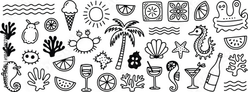 Hand- Drawn Summer Beach and Ocean Elements Collection tropical