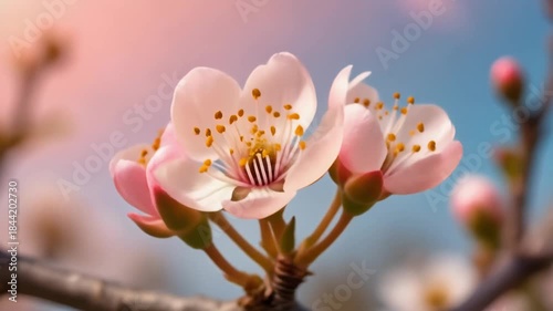 Pink Flower Buds Bloom Into Cherry Blossoms Time Lapse Against Blue Sky