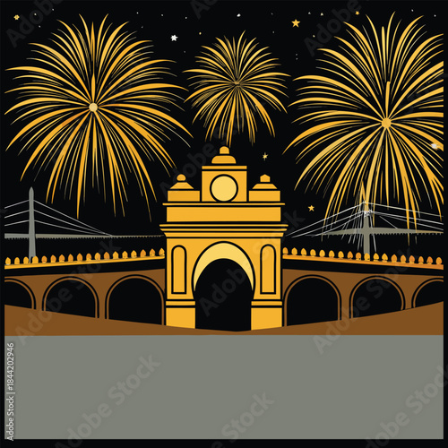 Vector illustration of a golden gate at night in Moscow featuring ancient Italian architecture with a stone arch and city cathedral tower