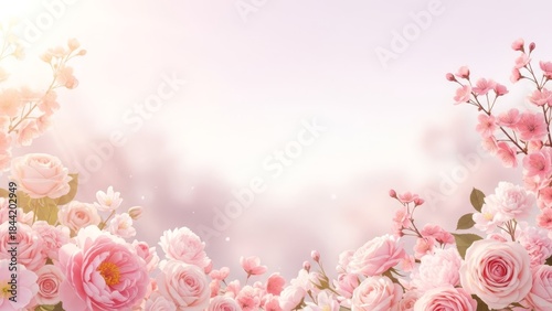 Beautiful Pink Rose Garden with Soft Light and Dreamy Bokeh Background.