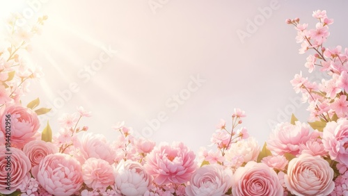 Beautiful Pink Roses and Cherry Blossoms Floral Border Background.