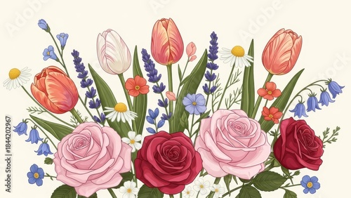 Beautiful Spring Bouquet of Tulips Roses and Wildflowers.