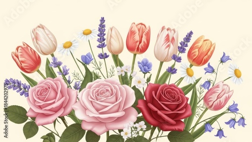 Beautiful Spring Flower Bouquet with Roses, Tulips, and Lavender.