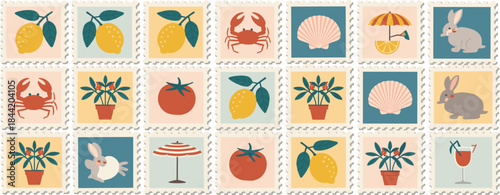 Vintage Postage Stamp Collection With Summer And Nature Motifs Keywords: postage stamps, vintage