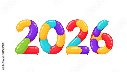 Cartoon Style Colourful 2026 Balloons Isolated on Transparent Background for Kids Storybooks and Calendars
