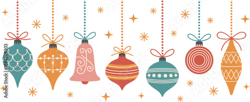 Vintage Style Hanging Christmas Ornaments and Stars on White Background holiday xmas