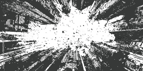 Gritty urban skyscrapers abstract ink splash city grunge backdrop isolated on white background