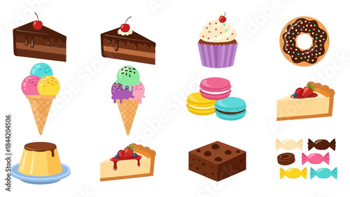 Collection of various delicious desserts and sweet treats, including cakes, ice cream, macarons, and donuts