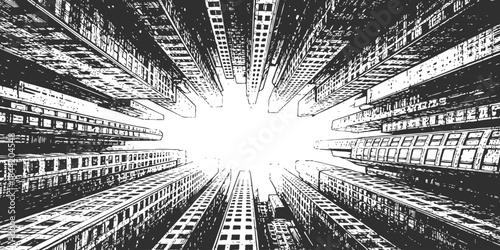 Stylized city buildings perspective looking up, urban architecture isolated on white background