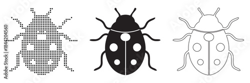 Three stylized ladybug icons in different graphic styles: pixelated, solid black, and outline