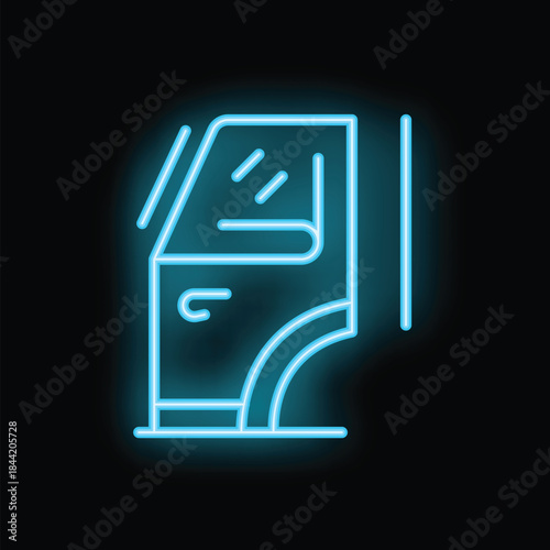 Blue glowing neon line atm automated teller machine on a dark background