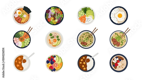 Diverse Asian Cuisine Collection A Delicious Assortment of Noodle Soups, Rice Bowls, and Fruit Salads