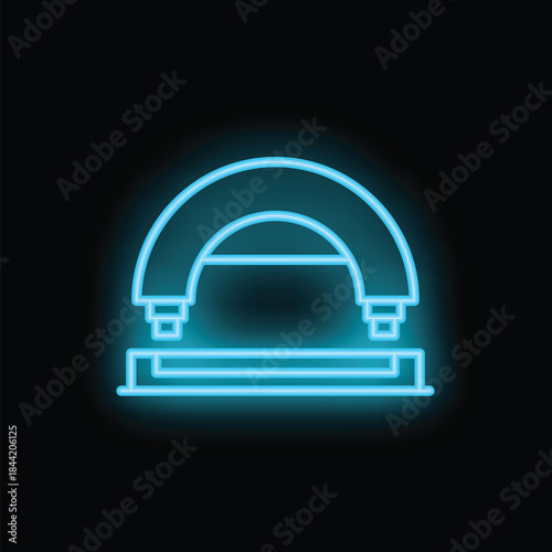 Neon stapler icon glowing blue against a black background, symbolizing office work or school supplies