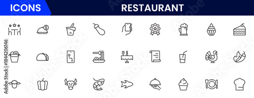 Restaurant line icons set. Restaurant, menu, cooking, drink, chef, table, cafeteria, wine, dish, and eating. Vector illustration