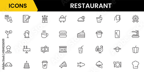 Restaurant line icons set. Restaurant, menu, cooking, drink, chef, table, cafeteria, wine, dish, and eating. Vector illustration