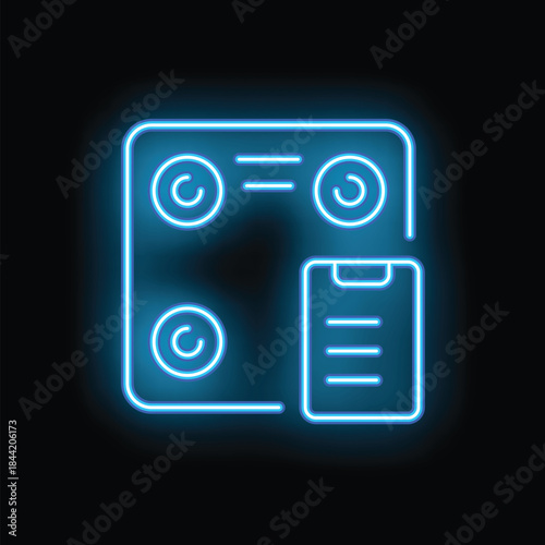 Blue neon icon of a smartphone showing online cooking courses and a checklist on a black background