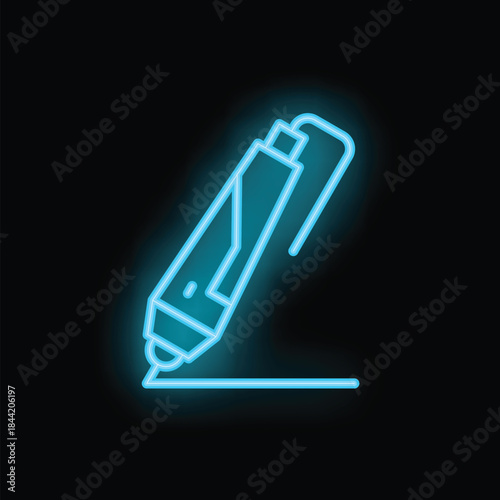 Blue neon sign of a pen drawing a straight line on a surface