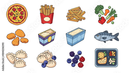 Various delicious food items like pizza, french fries, vegetables, nuggets, dumplings, and fish are illustrated in a set of icons