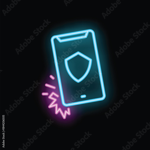 Vibrant neon sign depicting a smartphone with a prominent security shield, emphasizing the importance of mobile security
