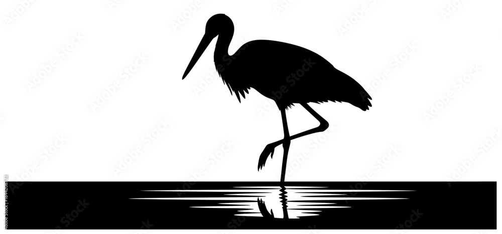 Fototapeta premium Elegant Black Silhouette of a Stork Standing in Water with Reflection Clean Vector Graphic