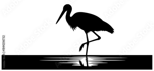 Elegant Black Silhouette of a Stork Standing in Water with Reflection Clean Vector Graphic