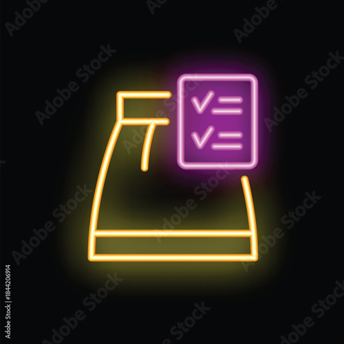 Neon icon of a clothing item with a checklist showing it passing quality control