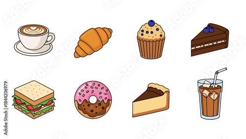 Collection of delicious pastries and coffee, including a croissant, muffin, cake slices, donut, sandwich, and iced coffee