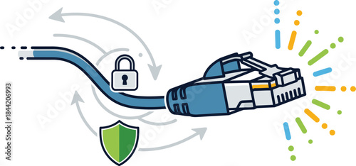 A blue ethernet cable with a lock and shield icons indicating secure network connection with colorful sparks on a